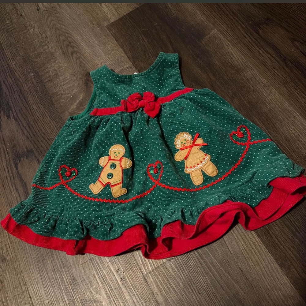 Green and Red Kids Dress with Gingerbread Design